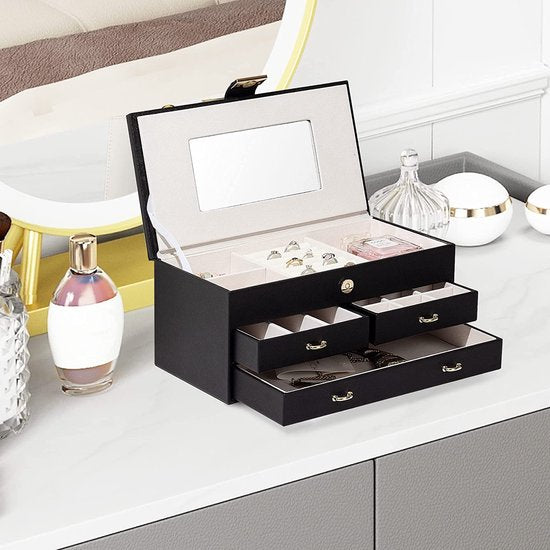Sieradendoos, 27 x 16 x 12 cm, sieradendoos met 2 laden, sieradenorganizer met spiegel, PU-lederen sieradenopslag, voor ringen, armbanden, oorbellen, fluwelen voering