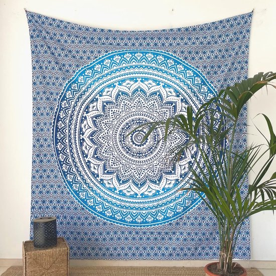 Mandaladoek multifunctioneel - pareo/strandlaken XXL, dun en zandafstotend, grote stranddeken, zandvrij, zanddoorlatend of picknickdeken XXL voor kamperen en yoga - blauw, 210x230cm