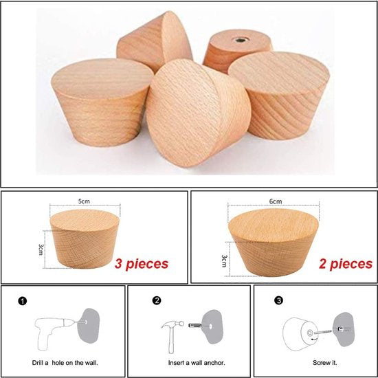 Houten mantel haak punt ronde kleerhangers, pak van 5 natuurlijke wandkleding sjaal hoed en tas opbergbeugel handdoekhouder slaapkamer decoratie, (2 grote maten, 3 kleine maten)