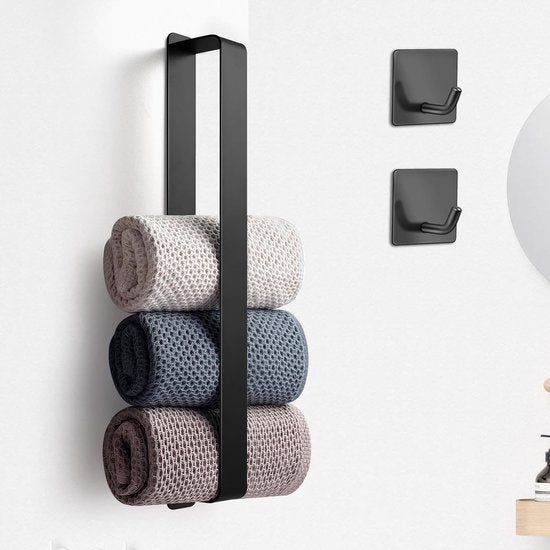 Handdoekhouder zonder boren, handdoekhouder voor gasten, zelfklevend, zonder boren, met 2 handdoekhaken, 42 cm (zwart)