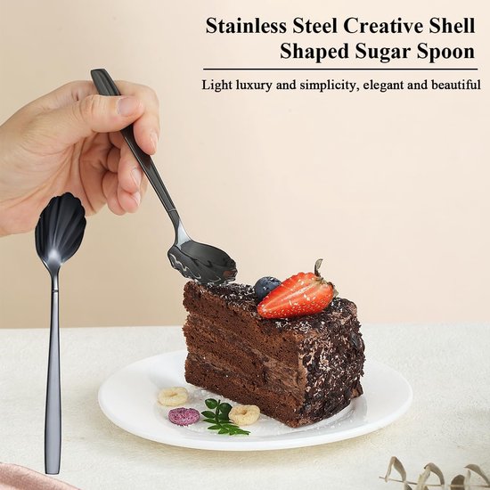 5 stuks zwart bestek, roestvrijstalen bestek met zwarte titanium coating, serveerlepel, schuimlepel, serveervork, suikerlepel, boterstrooier, vaatwasmachinebestendig