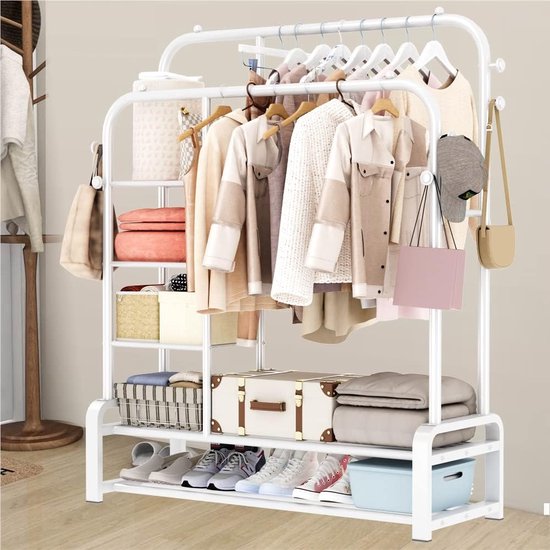 Kledingrek, vrijstaande dubbele stangen, kledingstang, met 8 haken, 3 lagen zijplanken en 2 lagen schoenenrekken, multifunctionele kapstok in wit voor de slaapkamer