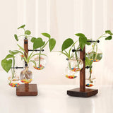 4 glazen plantenterrarium met houten standaard, transparante glazen hydrocultuurvazen, moderne plantenvoortplantingsstation Desktop plantenbak bolvaas voor hydrocultuurplanten, tuindecoratie