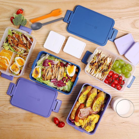 Lunchbox voor volwassenen, broodtrommel met 3 vakken, Bento Box met sauzenhouder en servies, lunchbox voor magnetron en vaatwasser, kunststof, BPA-vrij, als ontbijtbox, snackbox, paars