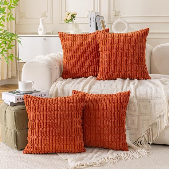 Set van 4 decoratieve kussenslopen, 40 x 40 cm, burnt oranje, corduroy fluwelen kussen, bankkussens, sierkussen, wollige kussenslopen, kussenhoes voor bank