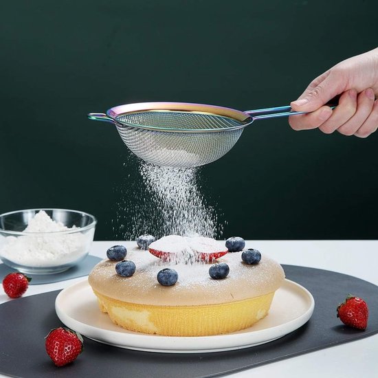 Rainbow Fine Mesh zeef, 3-delige set, kleurrijke meelzeef om te bakken, roestvrijstalen reiniger, veelkleurige matcha-theezeef, sausscheider, stasher-zeef-pastazeef