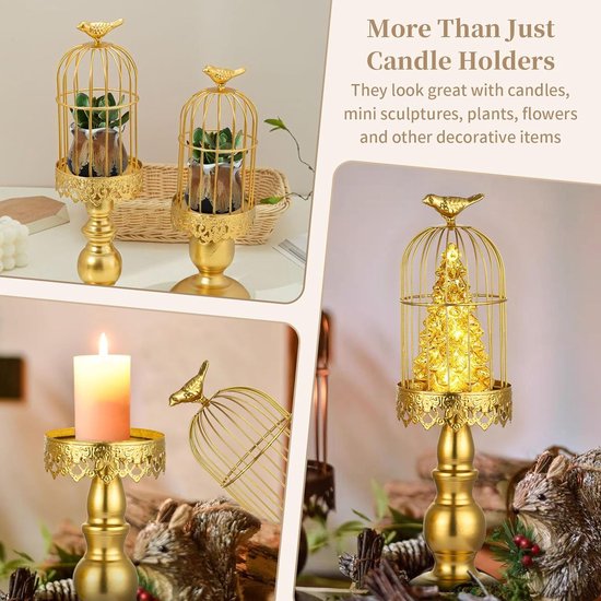 vintage vogelkooi kaarsenhouder, decoratieve kaarsenhouder voor bruiloften en eettafels, ijzeren kandelaar met uitgesneden figuren, goud