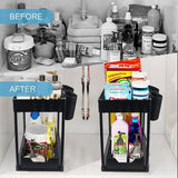 2 verdiepingen keukenrek, organizer, multifunctioneel opbergrek, onderkast, spoelkast, afneembaar, badkamerorganizer, 40 x 22 x 33 cm (zwart)