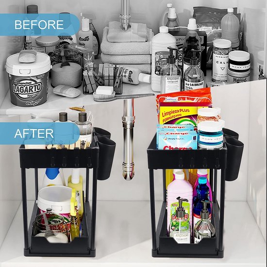 2 verdiepingen keukenrek, organizer, multifunctioneel opbergrek, onderkast, spoelkast, afneembaar, badkamerorganizer, 40 x 22 x 33 cm (zwart)