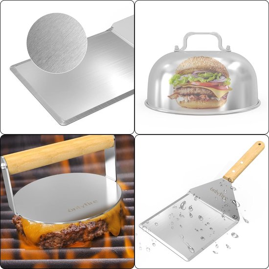 Roestvrijstalen grillbestekset, 4-delige hamburgerset met ronde hamburgerpers, grillspatel, 2 hamburgerdome, barbecue-accessoires voor lekkere hamburgers, patties, spek, steak, voor buiten en