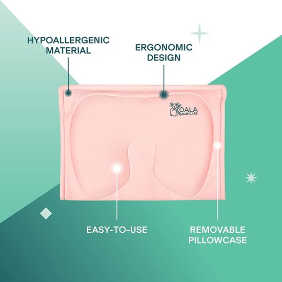 Das Original Koala Babycare, Orthopedisch babykussen tegen plagiocefalie met twee overtrekken, voor de genezing en verzorging van een scheef achterhoofd (schedelvervorming), geregistreerd design roze