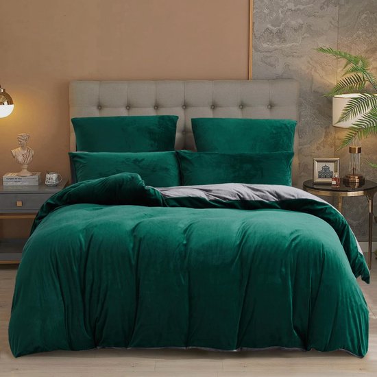 Winterbeddengoed, 135 x 200 cm, groen-grijs, warm pluche beddengoedset, 2-delig, 1 dekbedovertrek van 135 x 200 cm, met ritssluiting en kussensloop van 80 x 80 cm