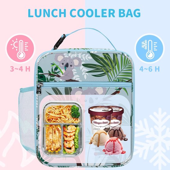 Kleine geïsoleerde lunchtas voor kinderen, meisjes en jongens, grote draagbare lunchtas voor picknick, scholen, lichte koeltas met flessenhouder, lekvrij, tasriem, groene koala's