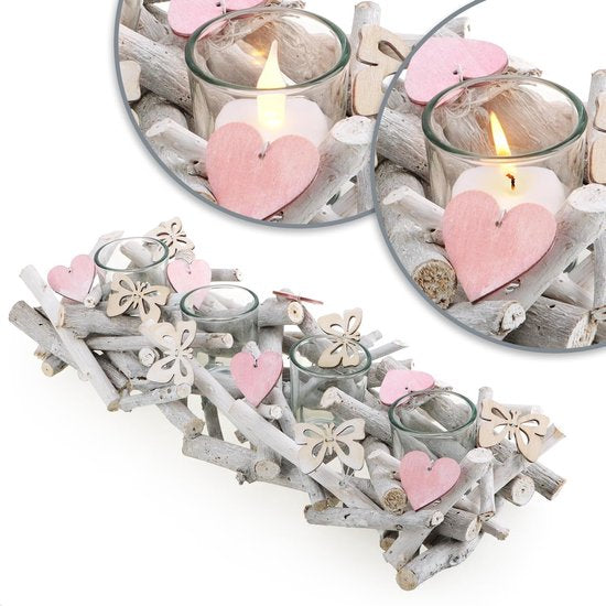 Kandelaar van hout - theelichthouder met vlinders en harten - houten lichtschaal - modern kaarsbord als tafeldecoratie - decoratief windlicht (kandelaar-wit)