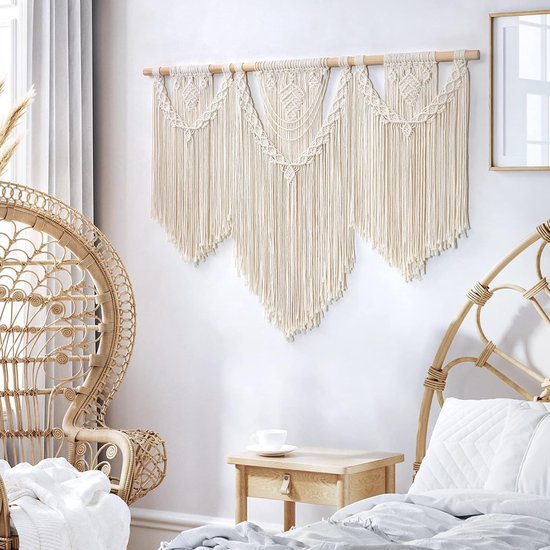 Macramé wandtapijt, groot boho-geweven wandtapijt, bladeren, kwastjes, Boheems tapijt, katoenen touw, macramé, wanddecoratie voor slaapkamer en woonkamer, achtergrond, 110 x 80 cm