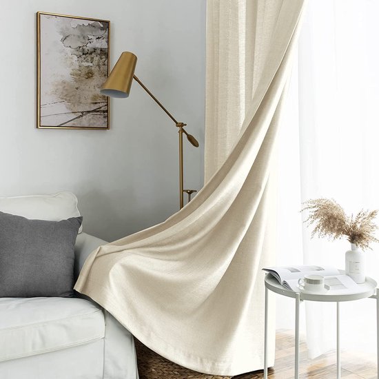 Gordijnen beige transparant linnenlook voile gordijnen voor woonkamer slaapkamer set van 2 225x140cm