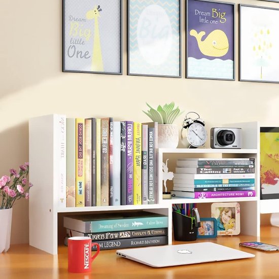 Houten boekenkast, verstelbare staande plank, uitschuifbare boekenhouder, voor kantoor, woonkamer