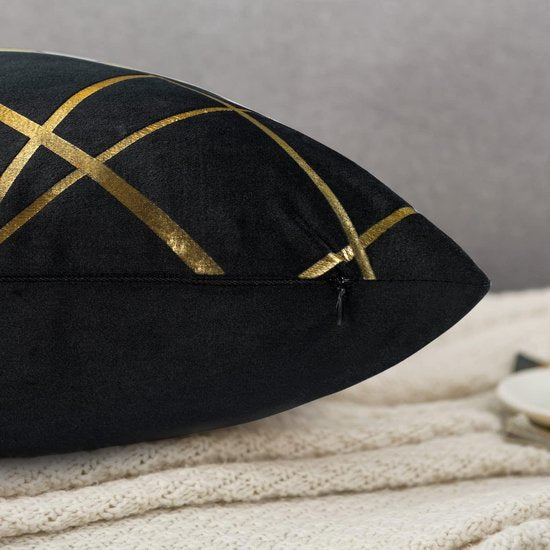 Zwarte fluwelen kussenhoezen, 40 x 40 cm, set van 2, gouden geometrische decoratieve kussenhoezen, bankkussen, bankkussen, decoratieve kussenhoezen, moderne decoratieve kussenhoezen voor slaapkamer, bank.