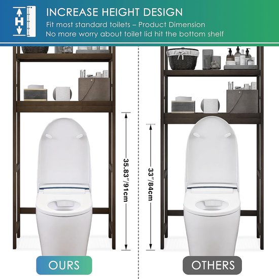 Toiletrek, bamboe wc-rek, verstelbaar wasmachinerek, badkamerrek met 3 legplanken, ruimtebesparend, eenvoudig te monteren, walnoot