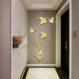 Muurtattoo bloem 3D DIY spiegel muursticker voor woonkamer muursticker voor slaapkamer wanddecoratie voor bank achtergrond TV muur achtergrond (59 x 31 inch, goud)