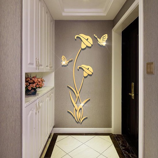 Muurtattoo bloem 3D DIY spiegel muursticker voor woonkamer muursticker voor slaapkamer wanddecoratie voor bank achtergrond TV muur achtergrond (59 x 31 inch, goud)
