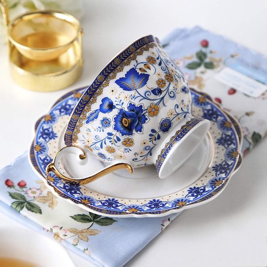 Blauwe bloem Fine Bone China theekopset, vintage porseleinen koffiekop en schotel, 200 ml