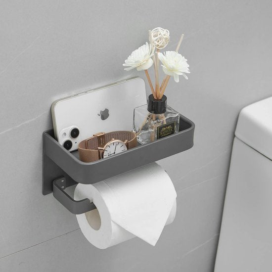 Badkamerrolhouder met plank Zwarte afwerking Hoekopslag Zelfklevende houder voor kleine gadgets Aluminium