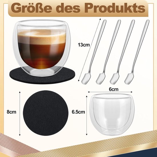 EOGRFW - Espressokopjes set (4 x 80 ml) - espressoglazen, dubbelwandige glazen van borosilicaatglas - set met 4 lepels + 4 onderzetters, koffieglazen, esspresso glas