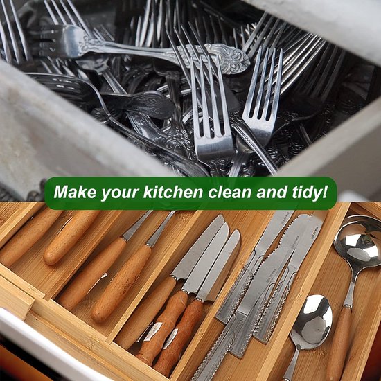 Bestekbak voor laden, ladeverdeler, verstelbaar, bestek-organizer, ruimtebesparend, bamboe bestek, telescopische lade, bestekbak voor laden, cutlery tray