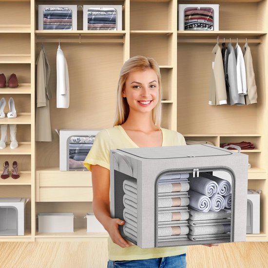 2 stuks opbergdozen voor kleding, opvouwbare kledingopbergbox met metalen frame en 3 ramen, opbergtas voor dekbedden, dekens en kleding, grijs (66 liter)