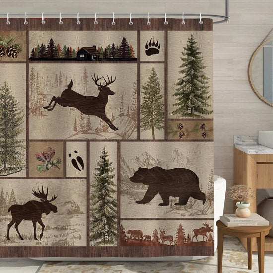 Shower Curtain Rustic Wild Animals Forest Bear Shower Curtains 180 x 180 cm Anti-Mould Waterproof Polyester Fabric Washable Bathroom Curtain for Bathroom with 12 Hooks