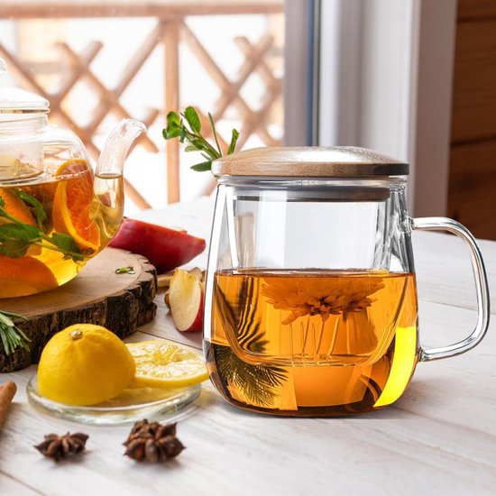 Theemok met zeef, glazen theekop met bamboedeksel, 420 ml, theemok van borosilicaatglas, transparante theekop voor thee, bloeiende thee, theezak, hittebestendig, voor thuis en op kantoor