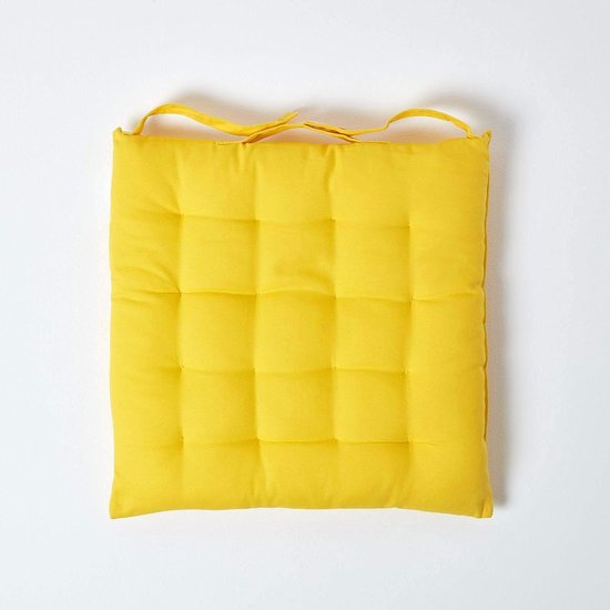 Set van 4 stoelkussens 40 x 40 cm, geel, zitkussen met bandjes en knoopsluiting, effen kussens voor stoelen met overtrek van 100% katoen en zachte polyester vulling