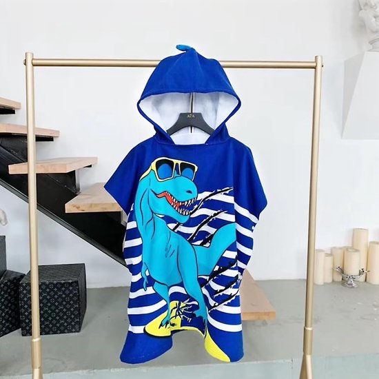 Badponcho met capuchon, kinderponchohanddoek, strandhanddoeken met capuchon voor baby's, cartoon absorberende strandhanddoek voor kinderen, kinderbadhanddoek met capuchon voor strandzwemdouche (blauwe dinosaurus)