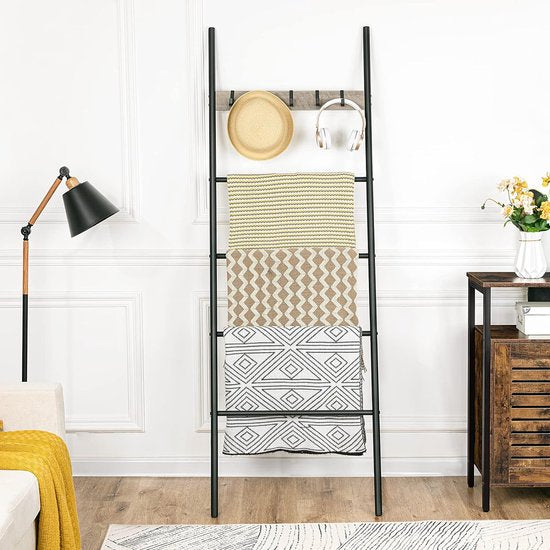 Towel Ladder, Towel Rack, Towel Rack, Clothes Rack, 5 Removable Hooks, 60 x 177 cm, for Bath Towels, Clothes, Blankets, Newspapers, Space Saving, Sturdy, Industrial Style EBG60CJ01