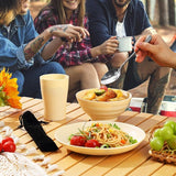 Campingbestekset, herbruikbare lichte bekers, schalen, borden en roestvrijstalen bestek met zwarte tas, vaatwasmachinebestendig