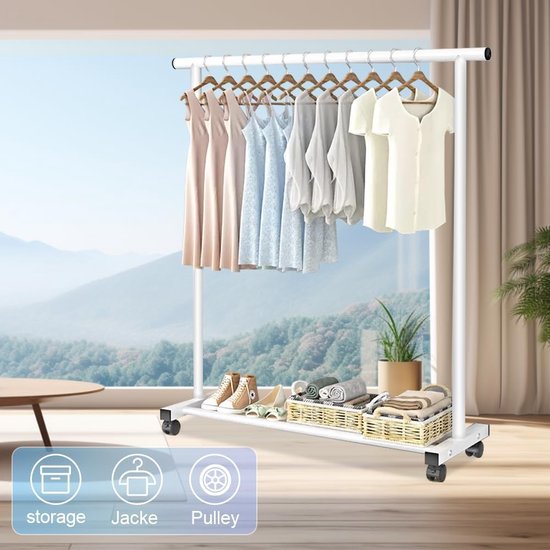 Kledingstang, kledingrek op wieltjes, stabiel kledingrek, de eenpolige 1,2 meter lange kleerhanger (wit)