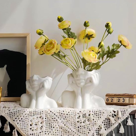 Esthetische vaas wit, kleine keramische bloemenvaas modern voor thuis kamer boeken decoratie, esthetische decoratieve boeken gezicht vazen ​​decoratie voor gebruik binnenshuis, zonder bloemen