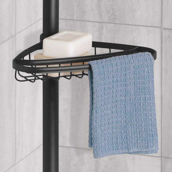 telescopische doucheregaal van metaal, shower caddy met uittrekbare stang voor shampoo, zeep, washandjes etc.. hoekdoucheregaal zonder boren, matzwart