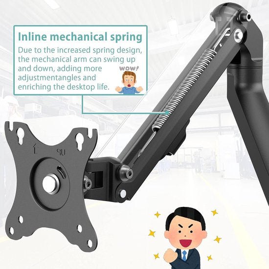 Schermpaalmontage met mechanische veer, eenvoudige VESA-montage voor 17"-27" schermen tot 7 kg, compatibel met VESA 75x75 en 100x100 paalmonitor
