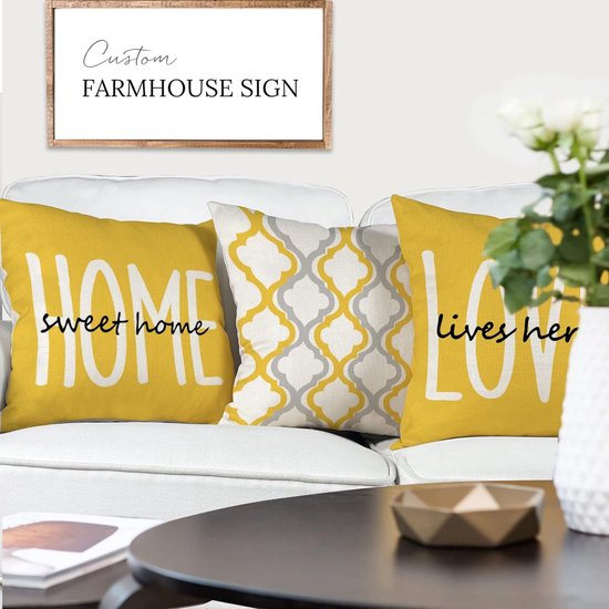 Kussensloop 50 x 50 cm, set van 4 decoratieve kussens, linnen kussenslopen, geometrisch patroon, kussenhoezen voor bank, slaapkamer, buiten, kussen, 50 x 50 cm, geel.