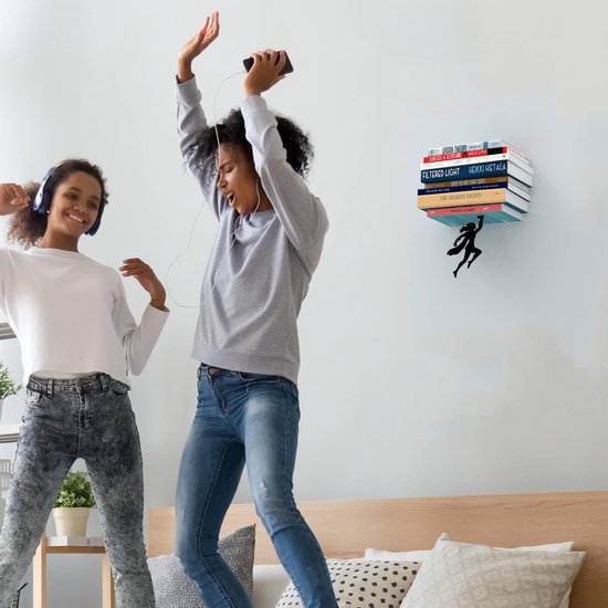 Decoratief zwevend rek, esthetische boekensteun, wandplank, muurdecoratie, boekenstandaard, rek van metaal, voor meisjes en vrouwen, wanddecoratie voor kamer, wanddecoratie, zwart boekenrek