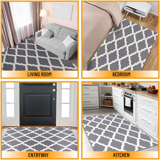Glamour Collectie Vloerkleed met rubberen achterkant en elegant rasterontwerp, 100 x 150 cm, grijs.