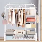 Kledingrek, vrijstaande dubbele stangen, kledingstang, met 8 haken, 3 lagen zijplanken en 2 lagen schoenenrekken, multifunctionele kapstok in wit voor de slaapkamer