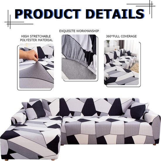 Bankhoes Hoekbank L-vorm Bankspreien Stretch bankhoes L-vorm rechts of links met twee kussenhoezen Wasbaar Universele bankhoes L-vorm Bankhoes L-vorm (2 en 2, zwarte geometrie)