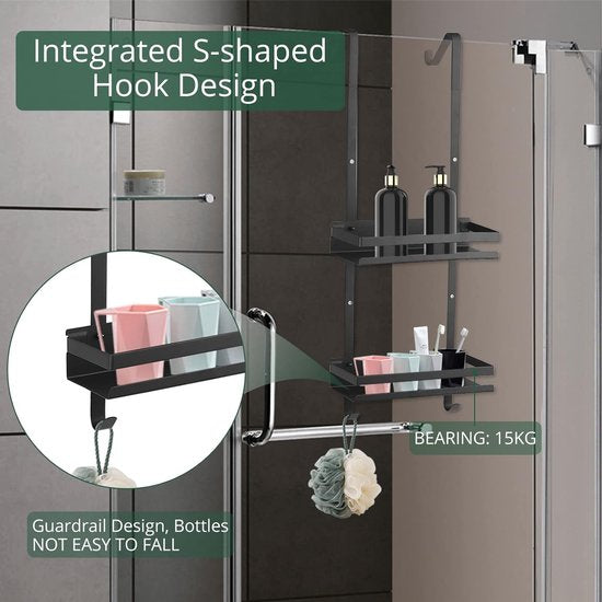 Doucheplank om op te hangen, van roestvrij staal, dubbel doucherek zonder boren, badkamerrek voor het ophangen van de douchewand incl. zuignap, 2-Store douchemand met eendelige haak (mat zwart)