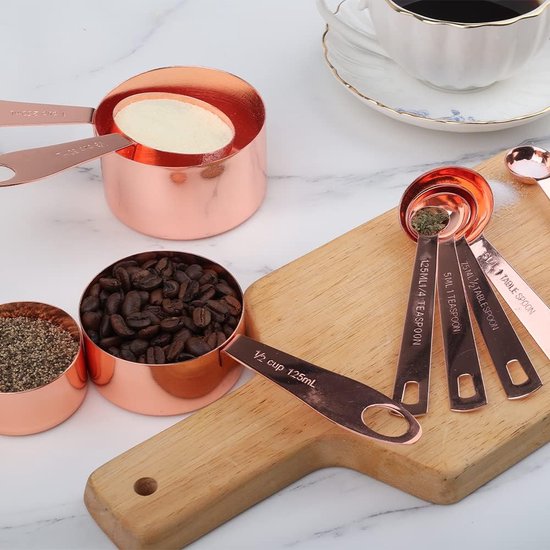 Maatbekers en maatlepels, 8 stuks, roestvrijstalen handgreep met metrische en Amerikaanse maten, goudgepolijst oppervlak, maatbeker voor droge en vloeibare ingrediënten, voor bakken en