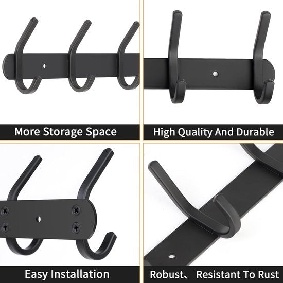 Wall Coat Hook, Coat Hook with 6 Hooks, Metal Hook Rack for Bedroom, Bathroom, Kitchen for Hanging Hat, Coat, Towel and Purse, Black