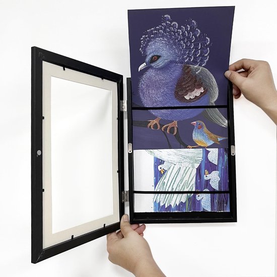 Kinderfotolijst A4, wandmontage, max. 150 vel, kinderkunstwerk, tekening, opbergruimte, zwart