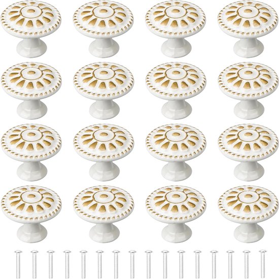 Meubelknoppen Wit 16 Stuks Kast Knoppen Bloemen Patroon Ronde Lade Handgrepen Meubelknop Witte Commode Knoppen Set Kast Knop Voor Meubilair Commode Knoppen